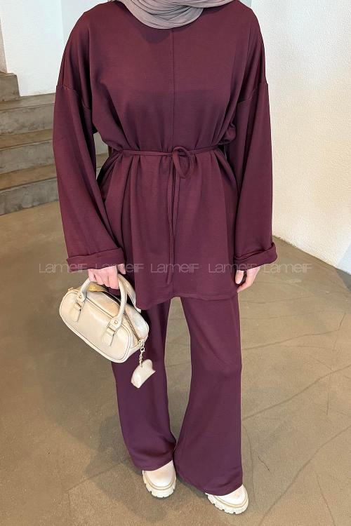 Claret Red Crew Neck Long Arm Cotton Elastan Comfortable Suit
