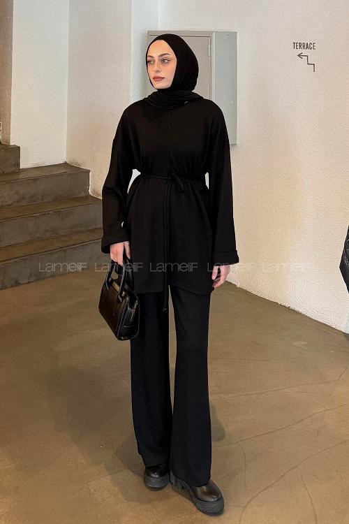 Black Crew Neck Long Arm Cotton Elastan Comfortable Suit