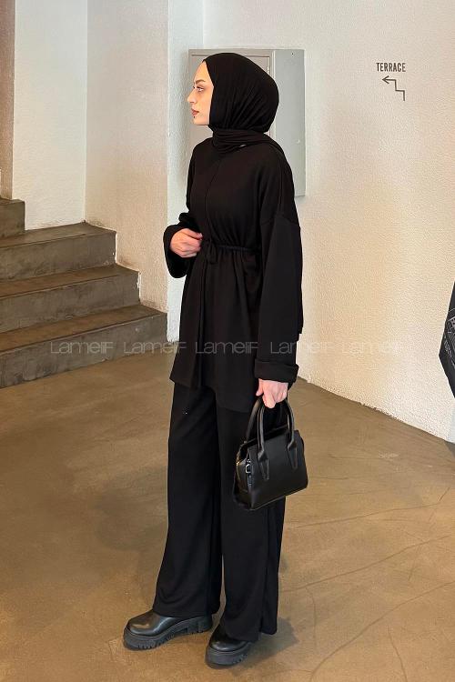 Black Crew Neck Long Arm Cotton Elastan Comfortable Suit