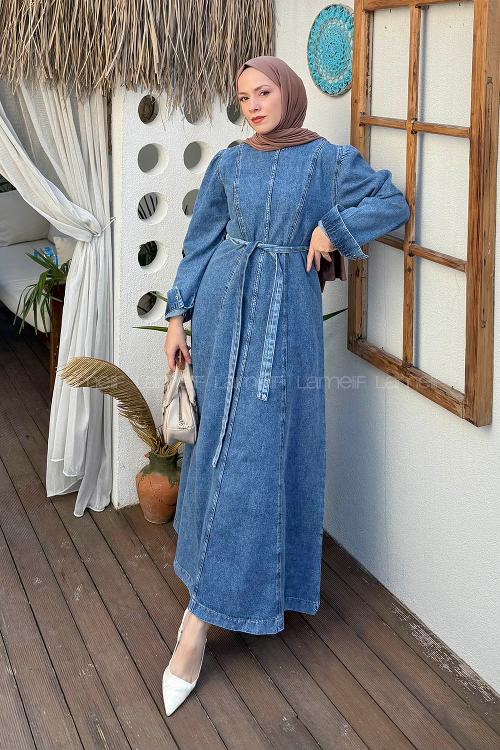 Lamelif Dikiş Detaylı Denim Elbise Açık Mavi