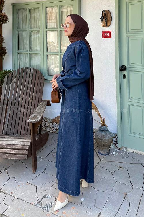 Dark Blue Crew Neck Cotton Denim Dresess