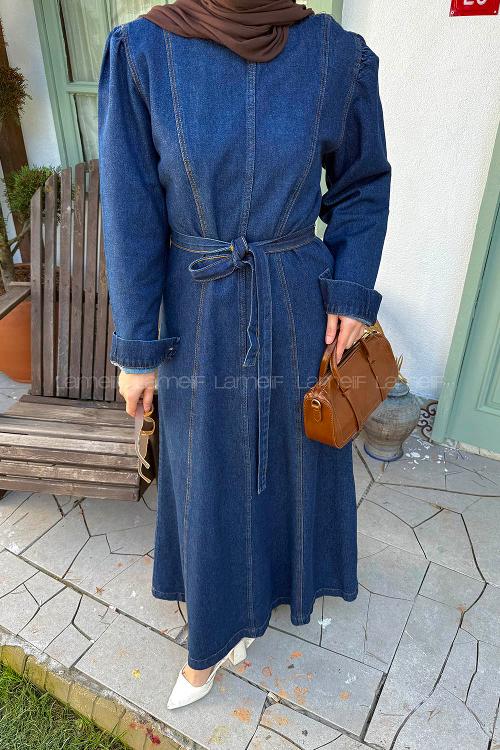 Dark Blue Crew Neck Cotton Denim Dresess