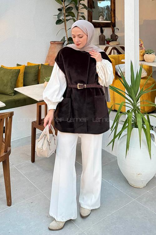 Lamelif Kemerli Kaşe Yelek Koyu Kahve