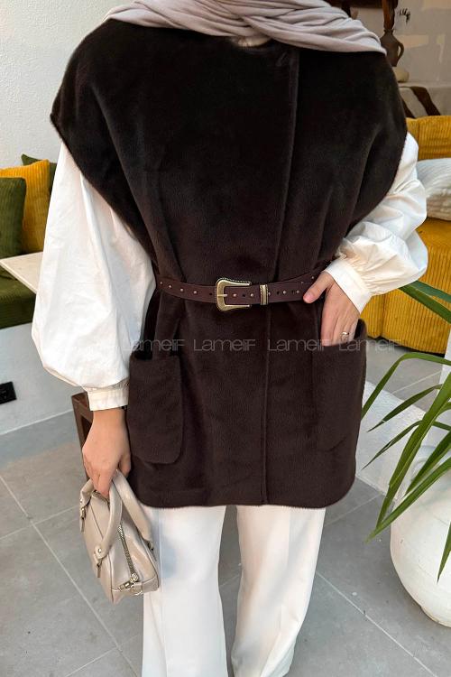 Lamelif Kemerli Kaşe Yelek Koyu Kahve