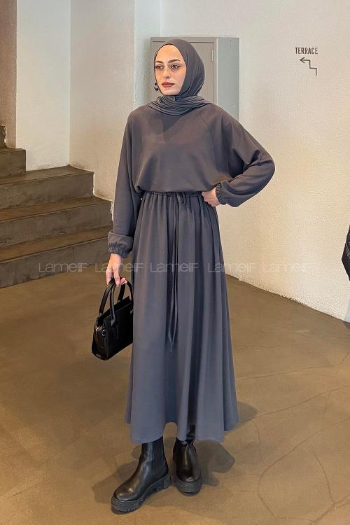 Lamelif Kol Manşet Lastikli Etekli Takım Antrasit