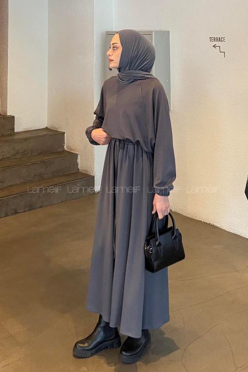 Lamelif Kol Manşet Lastikli Etekli Takım Antrasit