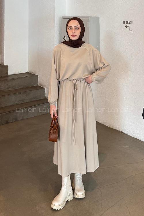 Lamelif Kol Manşet Lastikli Etekli Takım Bej