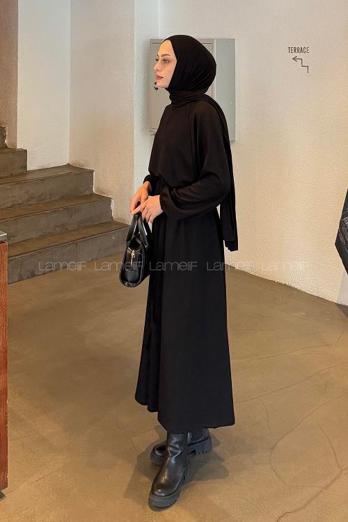 Black Crew Neck Long Arm Cotton Elastan Flared Skirt Suit