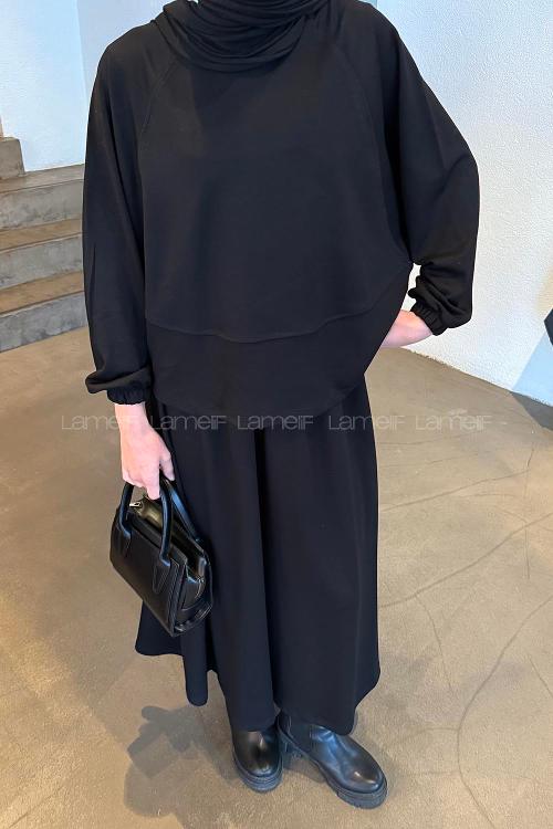 Black Crew Neck Long Arm Cotton Elastan Flared Skirt Suit