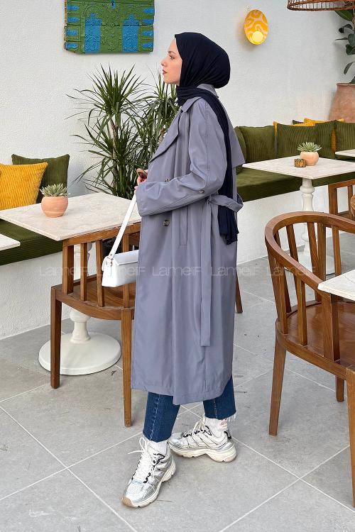 Lamelif Kolu Katlamalı Trenç Antrasit