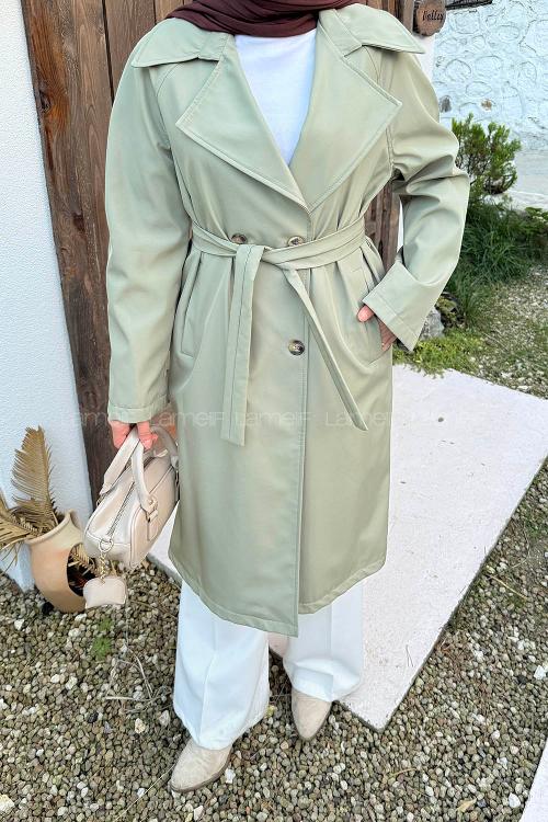 Plum Green Long Arm Buttoned Polyester Trench Coat