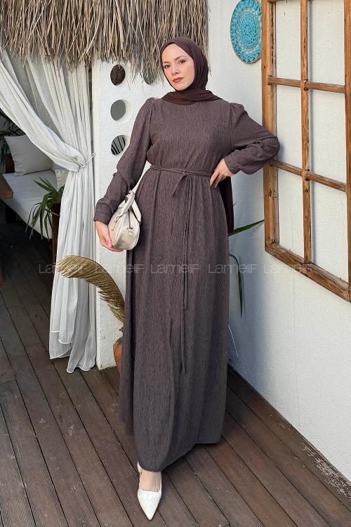 Lamelif Kuşak Bağlama Kıraşlı Tesettür Elbise Kahverengi