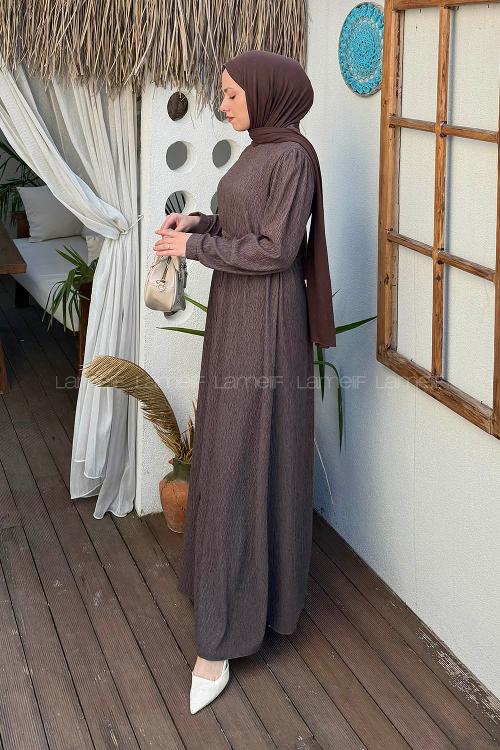 Lamelif Kuşak Bağlama Kıraşlı Tesettür Elbise Kahverengi
