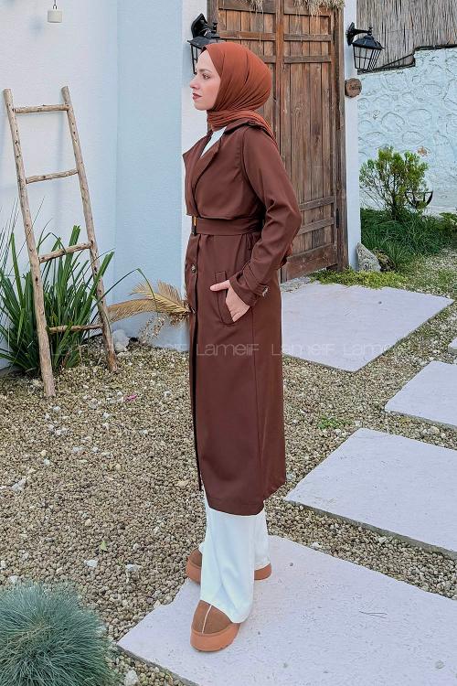 Lamelif Kuşaklı Omuz Apoletli Trençkot Acı Kahve