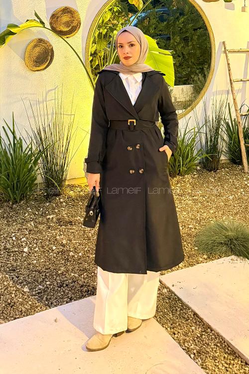 Lamelif Kuşaklı Omuz Apoletli Trençkot Siyah