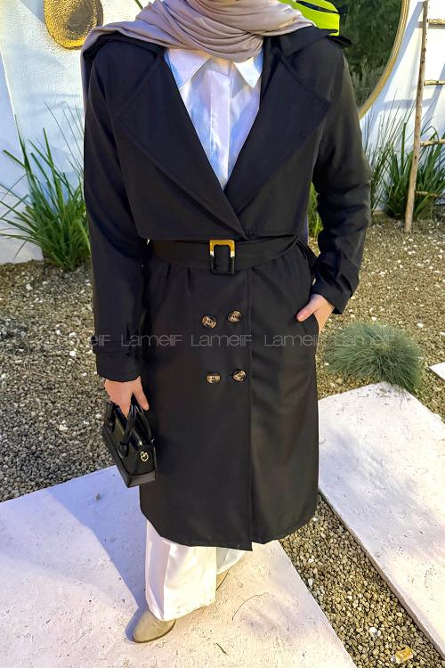 Lamelif Kuşaklı Omuz Apoletli Trençkot Siyah