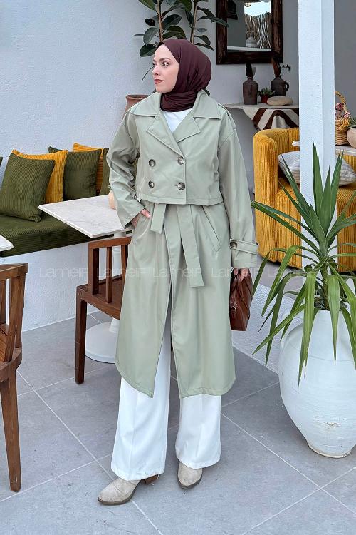 Plum Green Long Arm Trench Coat