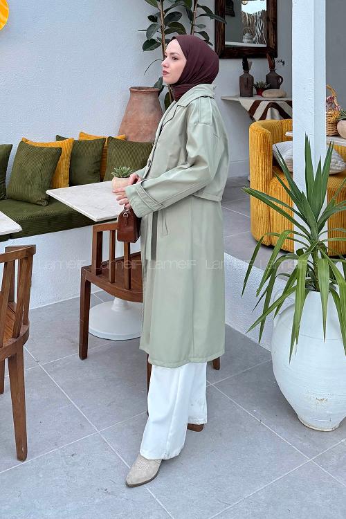 Plum Green Long Arm Trench Coat