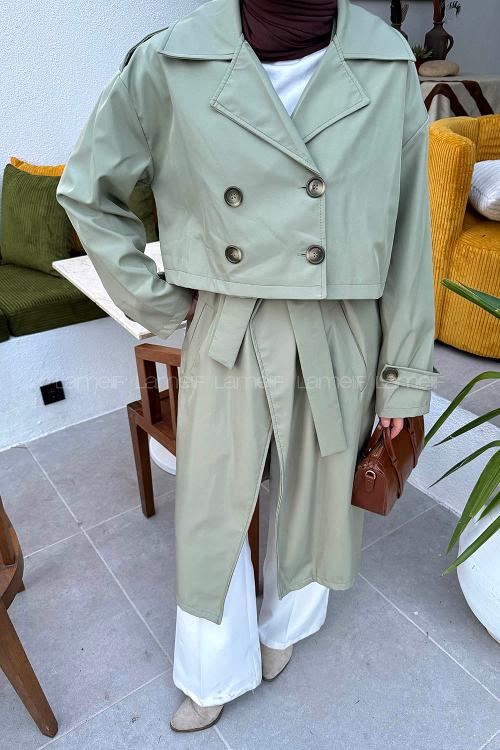 Plum Green Long Arm Trench Coat
