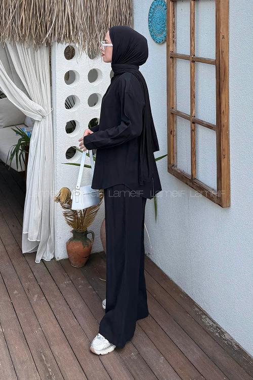 Lamelif Sırt Fermuar Detaylı Pantolonlu Takım Siyah
