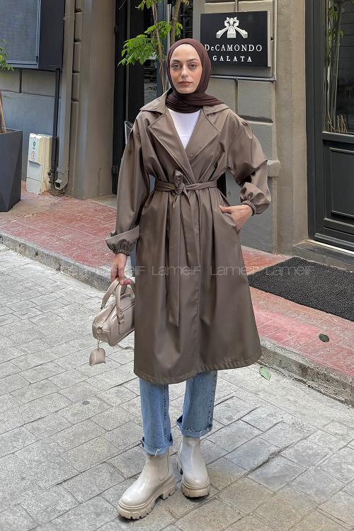 Lamelif Balon Kol Trençkot Haki