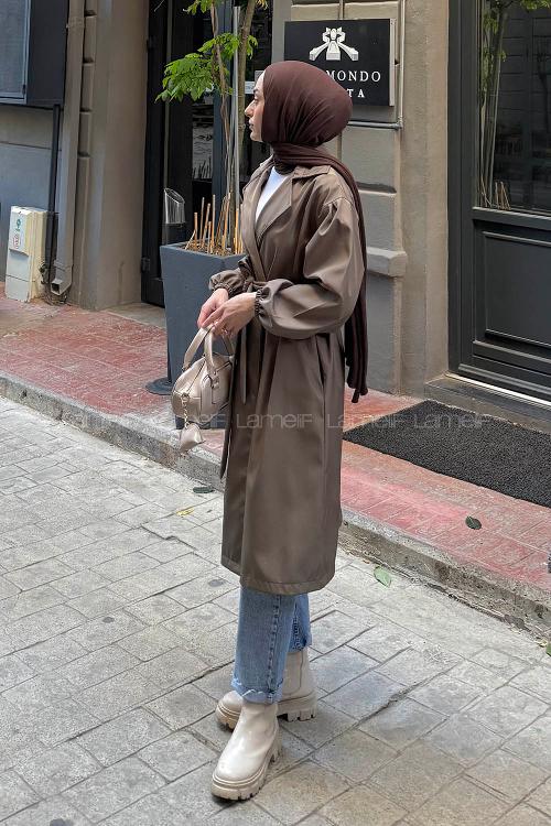 Lamelif Balon Kol Trençkot Haki