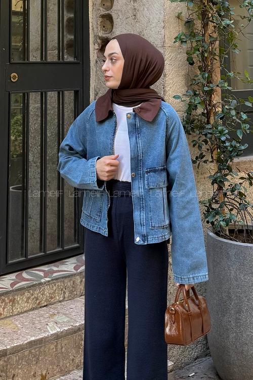 Lamelif Çıtçıtlı Acı Kahve Gömlek Yaka Detaylı Denim Ceket Kot Mavisi