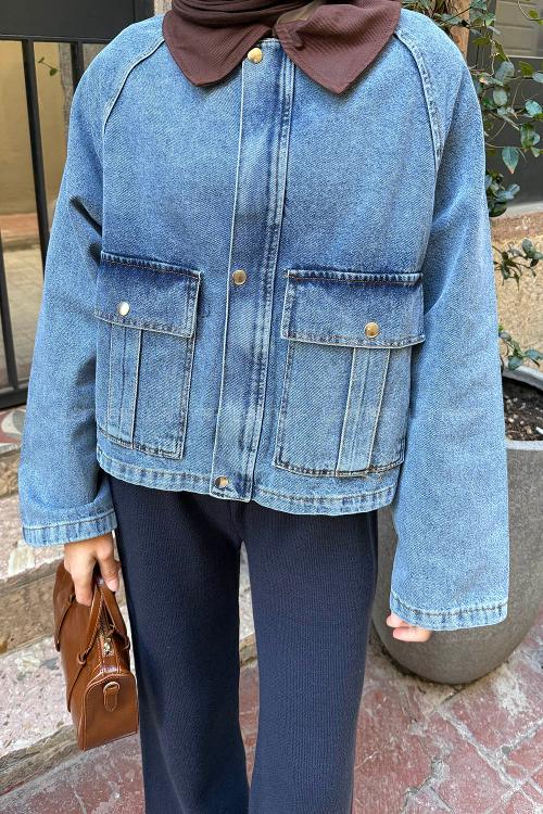 Lamelif Çıtçıtlı Acı Kahve Gömlek Yaka Detaylı Denim Ceket Kot Mavisi