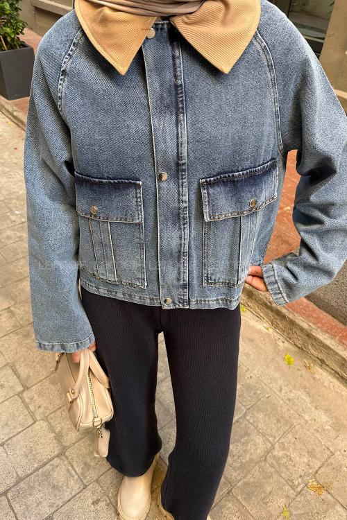 Lamelif Çıtçıtlı Vizonrengi Gömlek Yaka Detaylı Denim Ceket Kot Mavisi