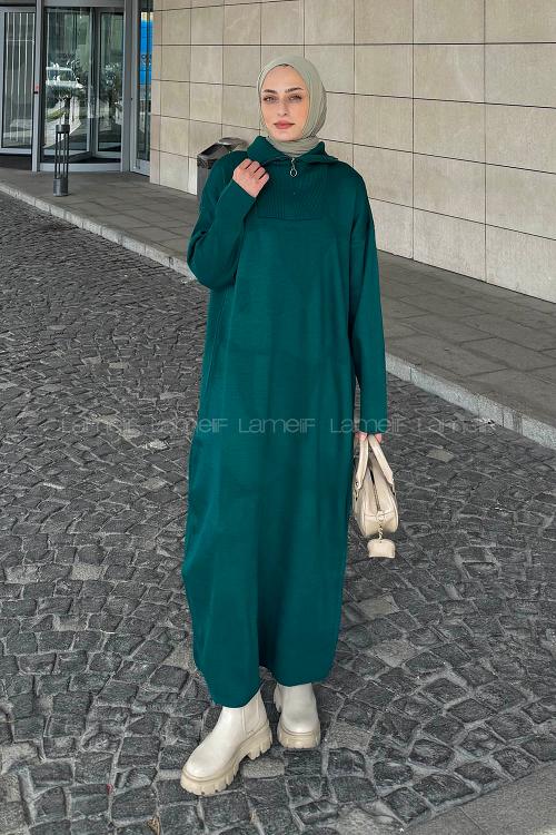 Emerald Green Turtle Neck Acrylic Knitwear Dresess