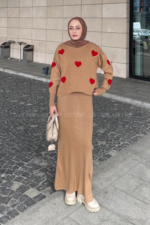 Lamelif Kalpli Triko Takım Camel