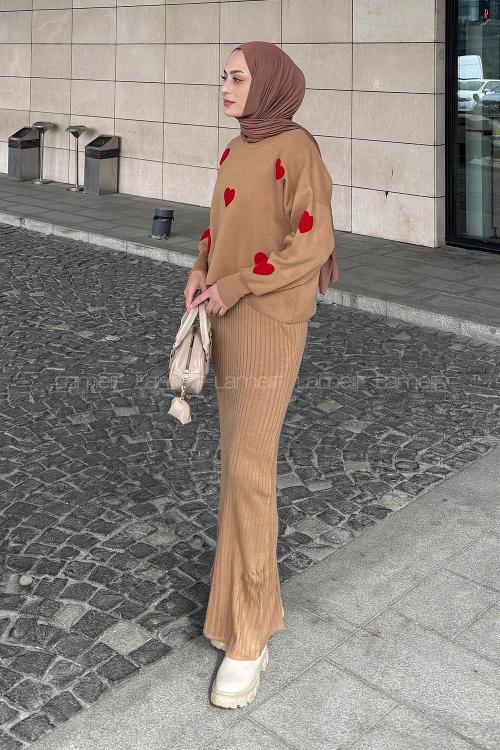 Lamelif Kalpli Triko Takım Camel