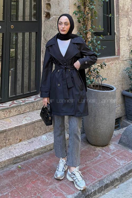 Lamelif Kol Kemerli Kısa Trençkot Siyah
