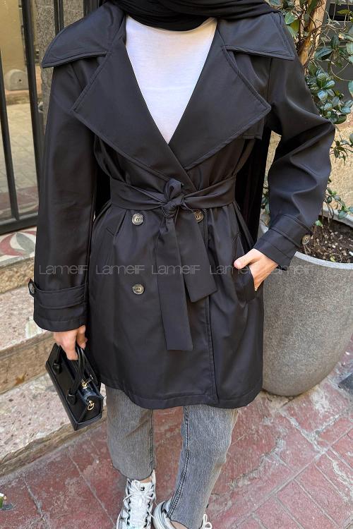 Lamelif Kol Kemerli Kısa Trençkot Siyah