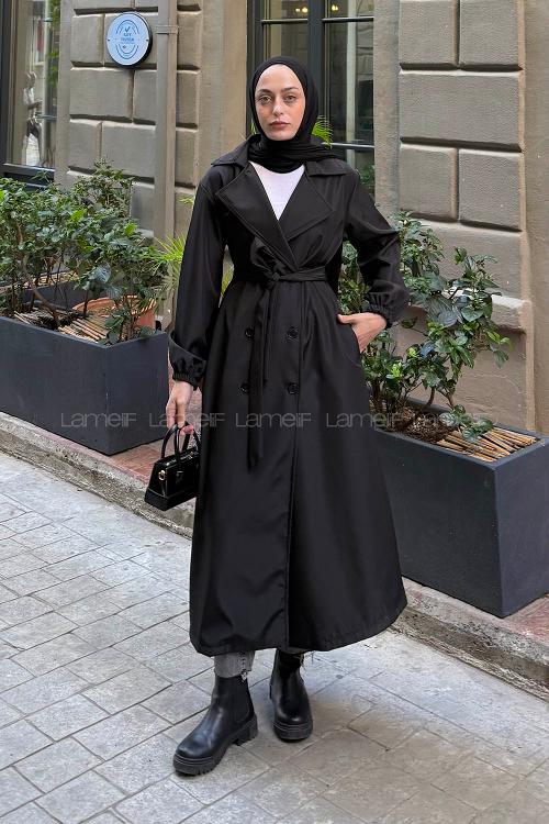 Lamelif Kol Lastikli Düğmeli Trençkot Siyah