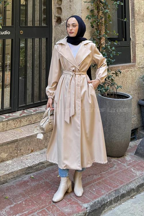 Lamelif Kol Lastikli Düğmeli Trençkot Taş Rengi