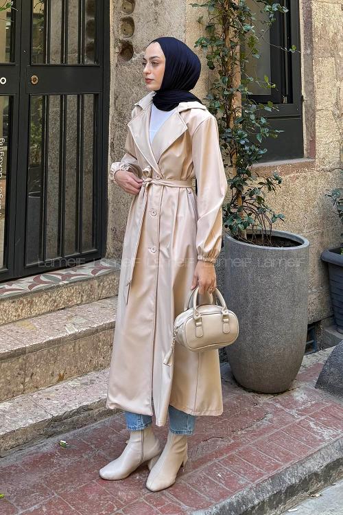 Lamelif Kol Lastikli Düğmeli Trençkot Taş Rengi