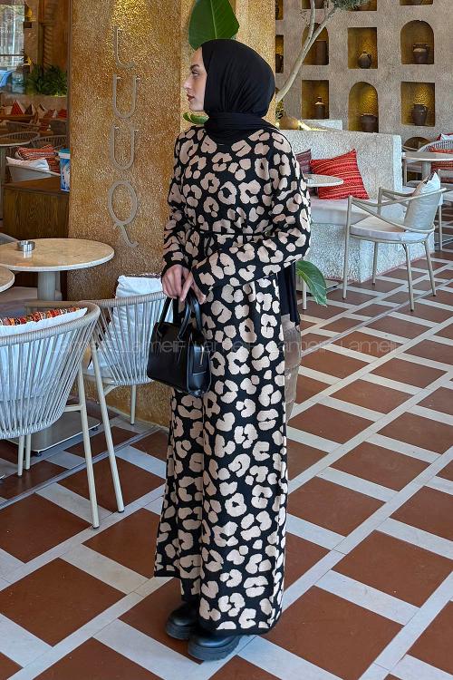 Lamelif Leopar Detaylı Triko Elbise Leopar Desen