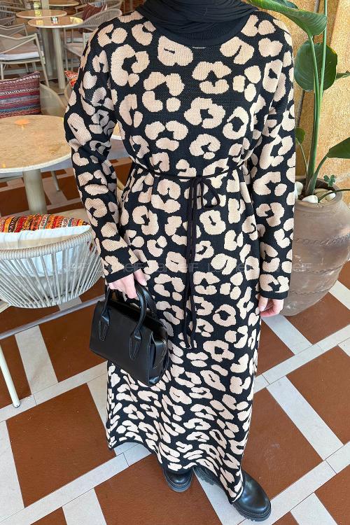 Lamelif Leopar Detaylı Triko Elbise Leopar Desen