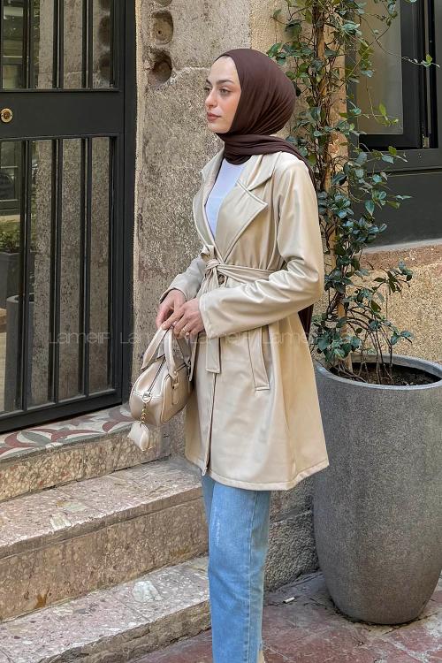 Stone Long Arm Belted Belted Skin Trench Coat