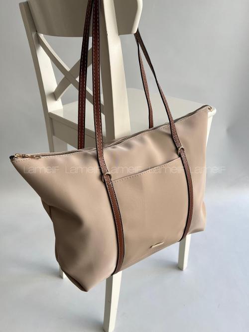 Lamelif Şeritli Shopper Kadın Omuz Çantası Bej