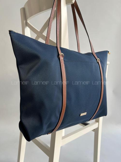 Lamelif Şeritli Shopper Kadın Omuz Çantası Lacivert