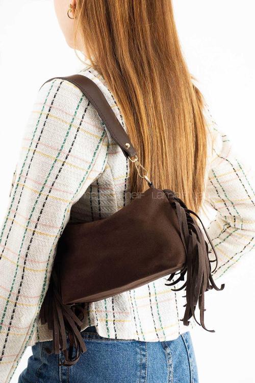 Lamelif Süet Püsküllü Kadın Omuz Çantası Acı Kahve