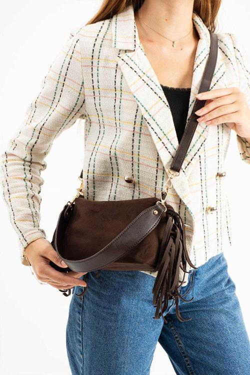 Lamelif Süet Püsküllü Kadın Omuz Çantası Acı Kahve