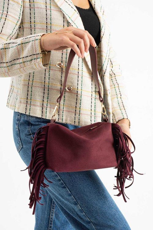 Lamelif Süet Püsküllü Kadın Omuz Çantası Bordo