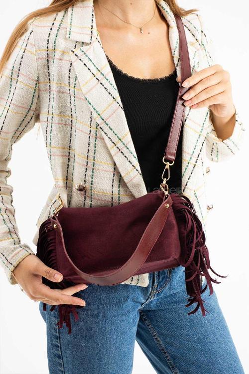 Lamelif Süet Püsküllü Kadın Omuz Çantası Bordo