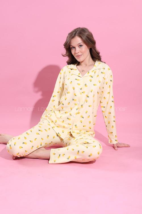 Lamelif Ananas Detaylı Pijama Takımı Desenli
