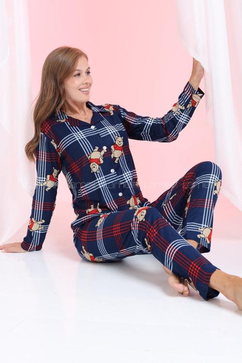 Lamelif Ayıcık Detaylı Ekoseli Pijama Takımı Lacivert