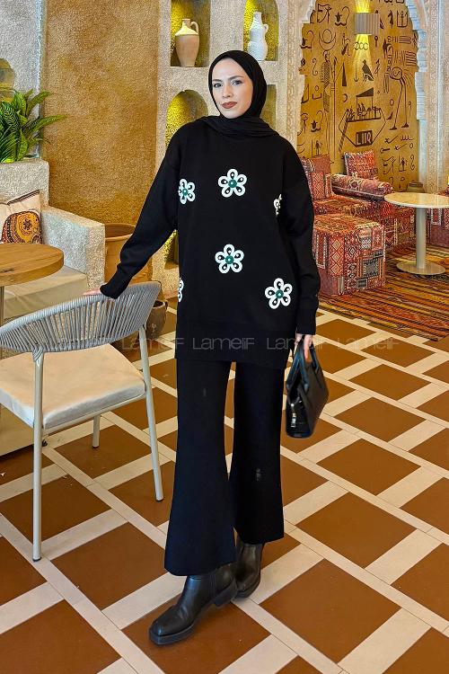 Lamelif İnci Detaylı Triko Takım Siyah