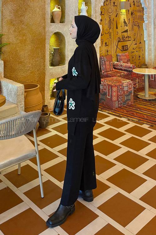 Lamelif İnci Detaylı Triko Takım Siyah